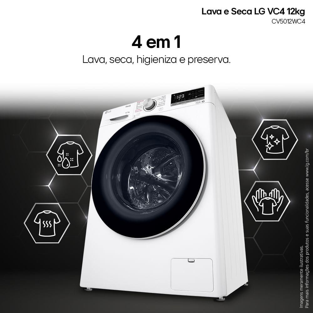 Lava e Seca LG 12Kg Smart com Inteligência Artificial AIDD Branca VC4 CV5012WC4A - 220 Volts